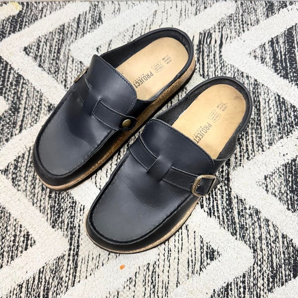 Project Cloud Black Leather Platform Clogs Mules Size 9 Buckle Cork